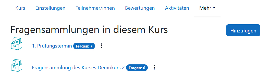 Screenshot: Übersicht der Fragensammlungen in einem Moodle-Kurs