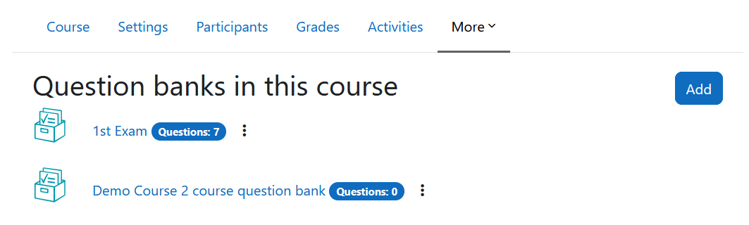 Screenshot: question banks overview in a Moodle course