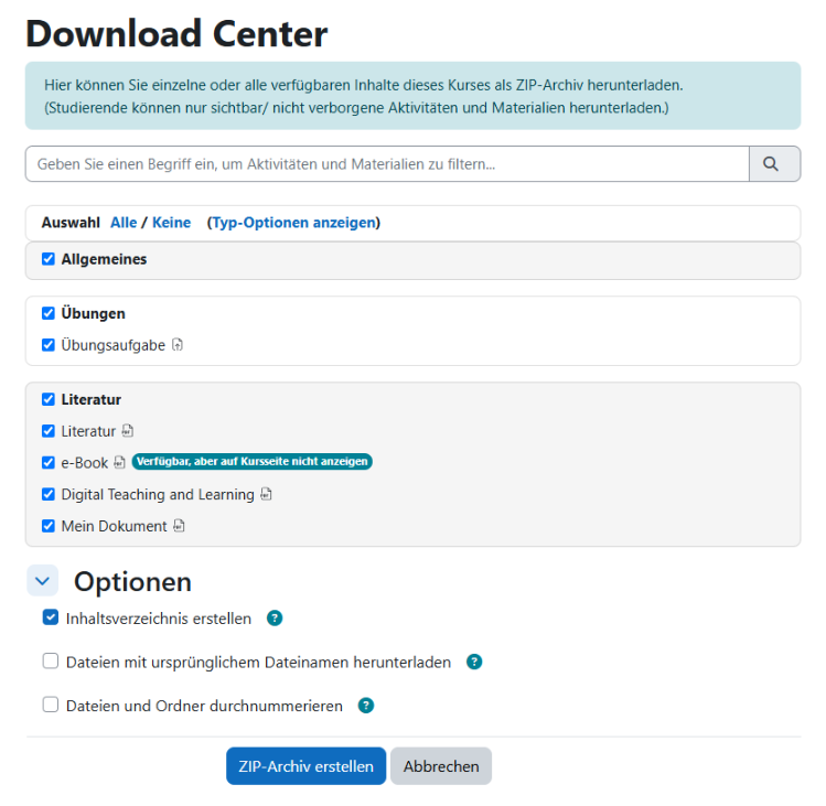 Screenshot Download Center Optionen