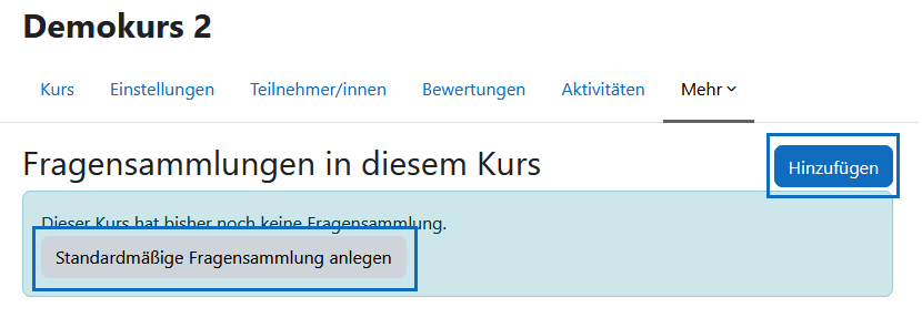 Screenshot: Leere Fragensammlungen-Übersicht mit den Schaltflächen