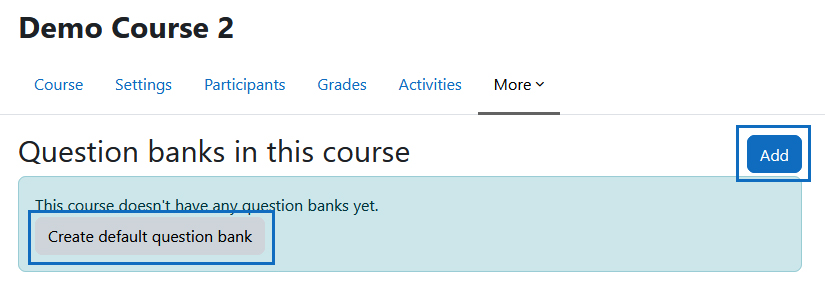 Screenshot: empty question banks overview with buttons