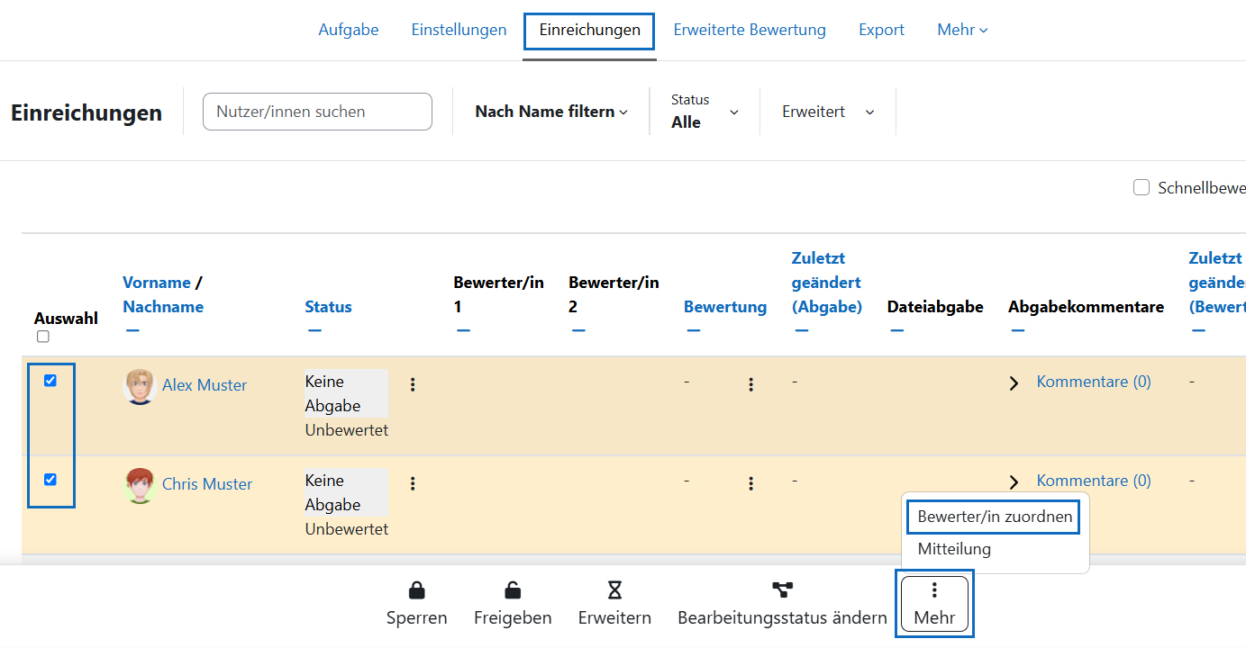 Screenshot: Register „Einreichungen“ mit Auswahl von Studierenden und „Bewerter/in zuordnen“ Option