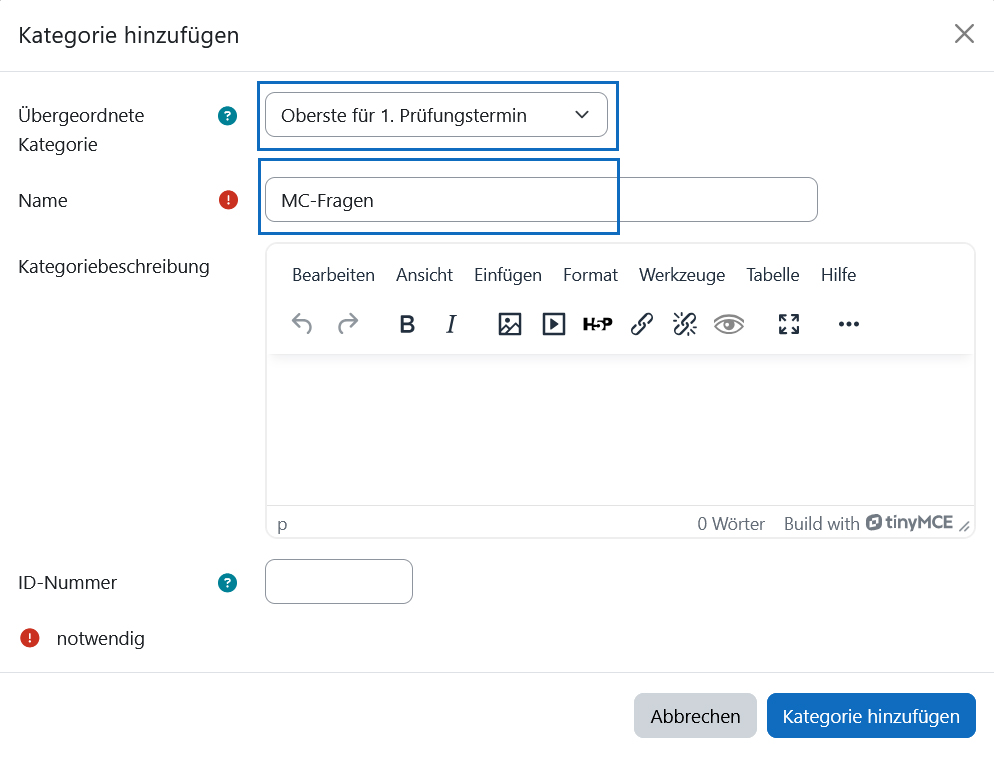Sreenshot: Einstellungsformular einer Kategorie