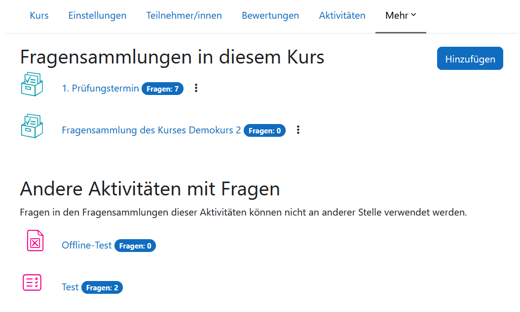 Screenshot: Fragensammlungen-Übersicht eines Kurses mit zwei Fragensammlungen und zwei Tests