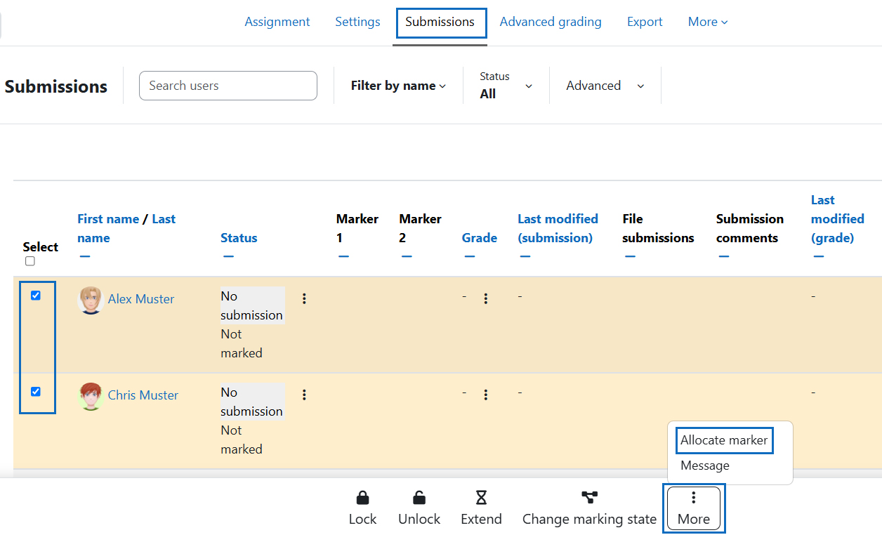 Screenshot: Submissions tab with selection of students and 