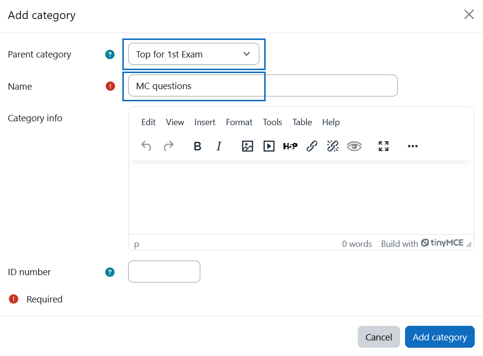 Screenshot: settings form of a category