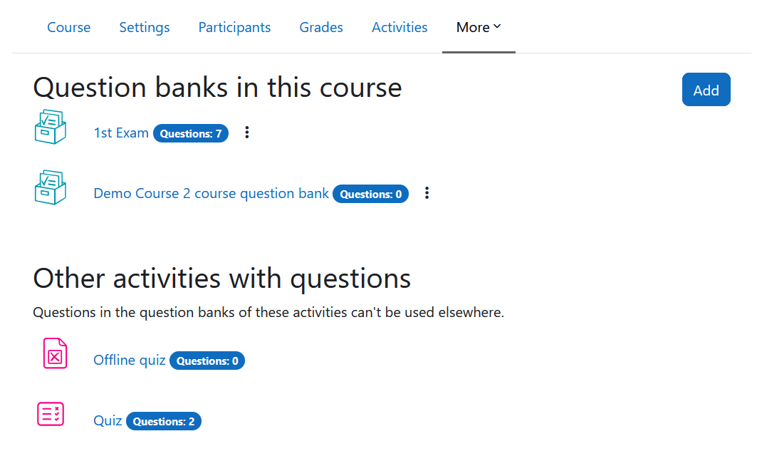 Screenshot: question banks overview of a course with two question banks and two quizzes