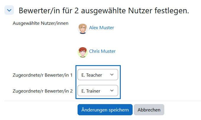 Screenshot: Bewerterinnen aus Drop-down-Menüs zuteilen