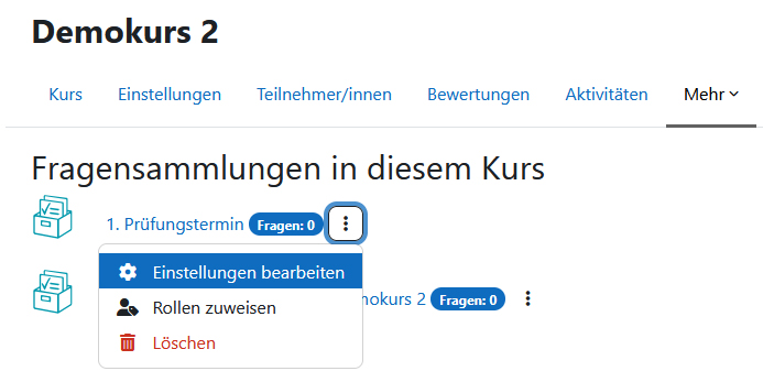 Screenshot: aufgeklapptes Aktionsmenü einer Fragensammlung mit hervorgehobener Option