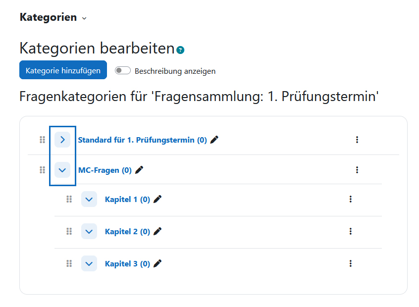 Screenshot: Kategorien-Übersicht mit Hervorhebung der Ein- und Aufklappen-Symbole
