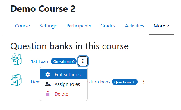Screenshot: collapsed actions menu of a question bank with the