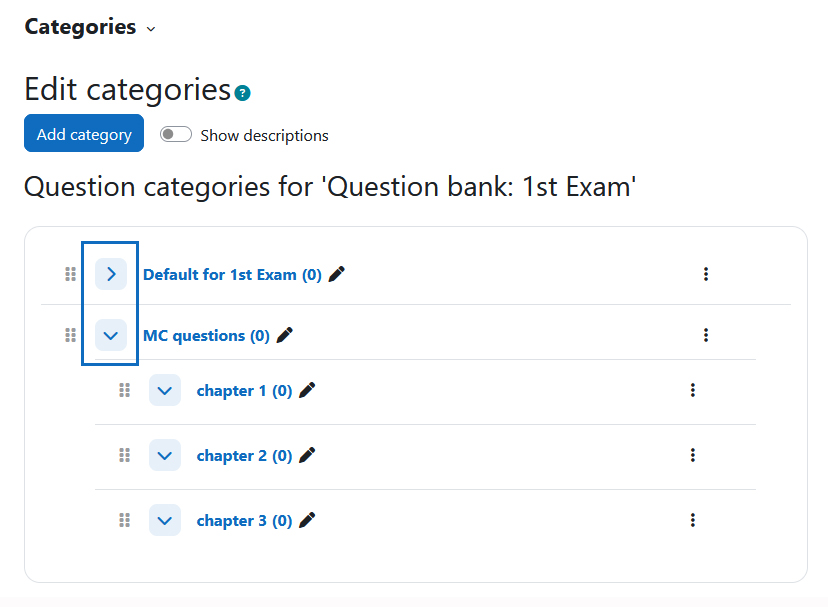 Screenshot: list of categories with expand and collaps icons highlighted