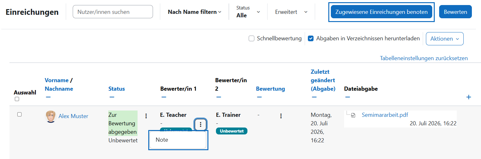 Screenshot: Abgabeübersicht einer Lehrenden mit Schaltfläche „Zugewiesene Einreichgungen benoten“ und „Note“-Auswahl in der Spalte „Bewerter/in 1“