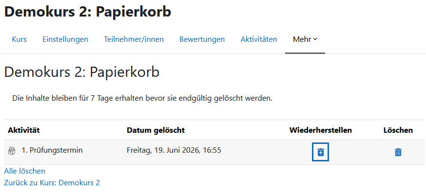 Screesnhot: Papierkorb mit einer Fragensammlung und hervorgehobenem Wiederherstellen-Symbol