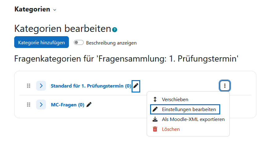 Screenshot: Kategorieliste mit Hervorhebung der Editier-Möglichkeiten