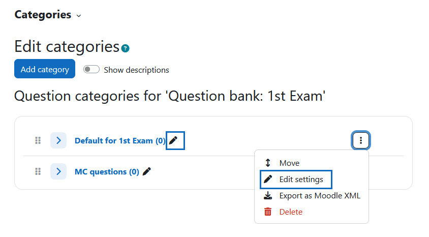 Screenshot: list of categories with highlighting the editing options