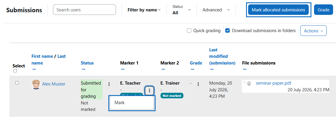 Screenshot: submissions overview of a teacher with button 
