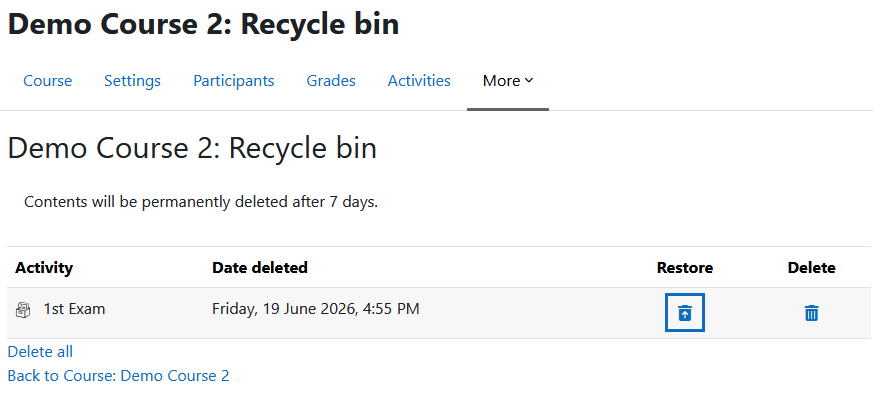 Screenshot: recycle bin with a question bank and the restore symbol highlightes