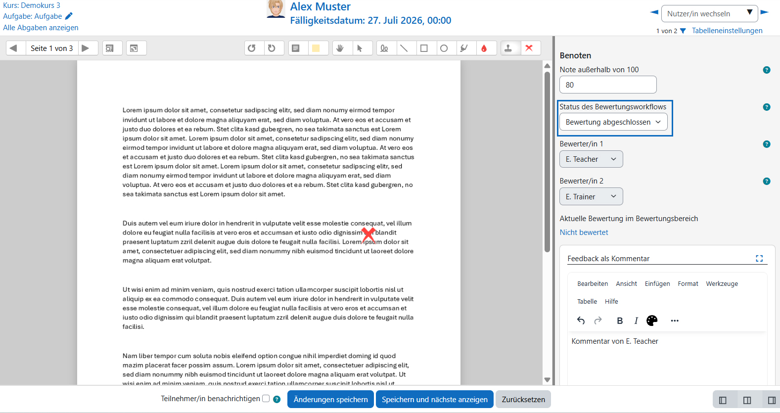Screenshot: Bewertungsansicht einer Abgabe mit Bewertungsworkflow-Status „Bewertung abgeschlossen“