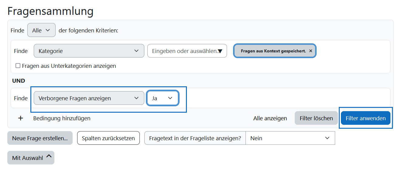 Screenshot: verborgene Fragen einer Kategorie anzeigen lassen