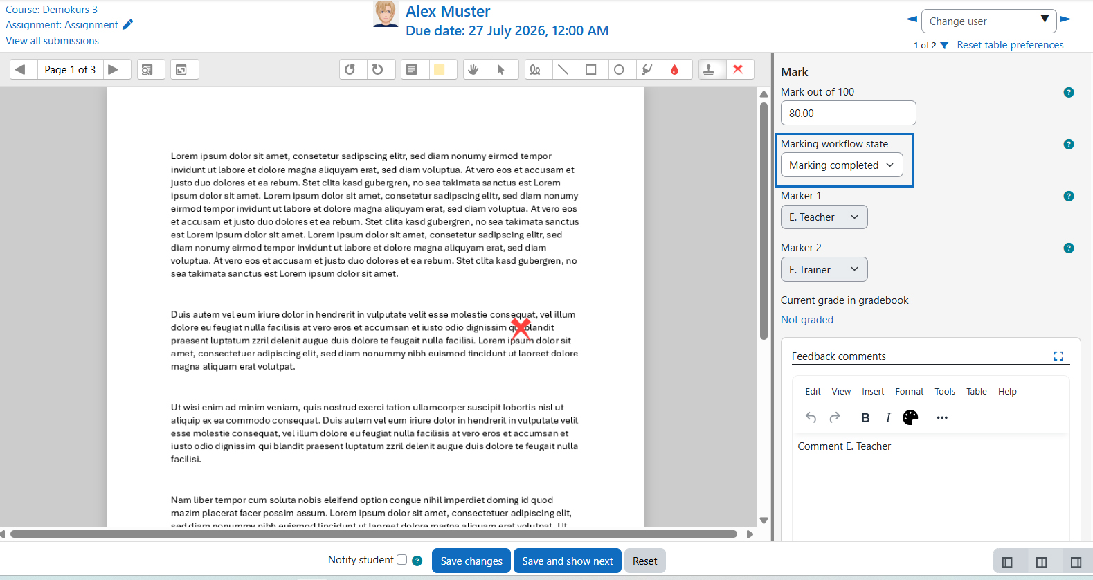 Screenshot: Grading view of a submission with markind workflow satus 
