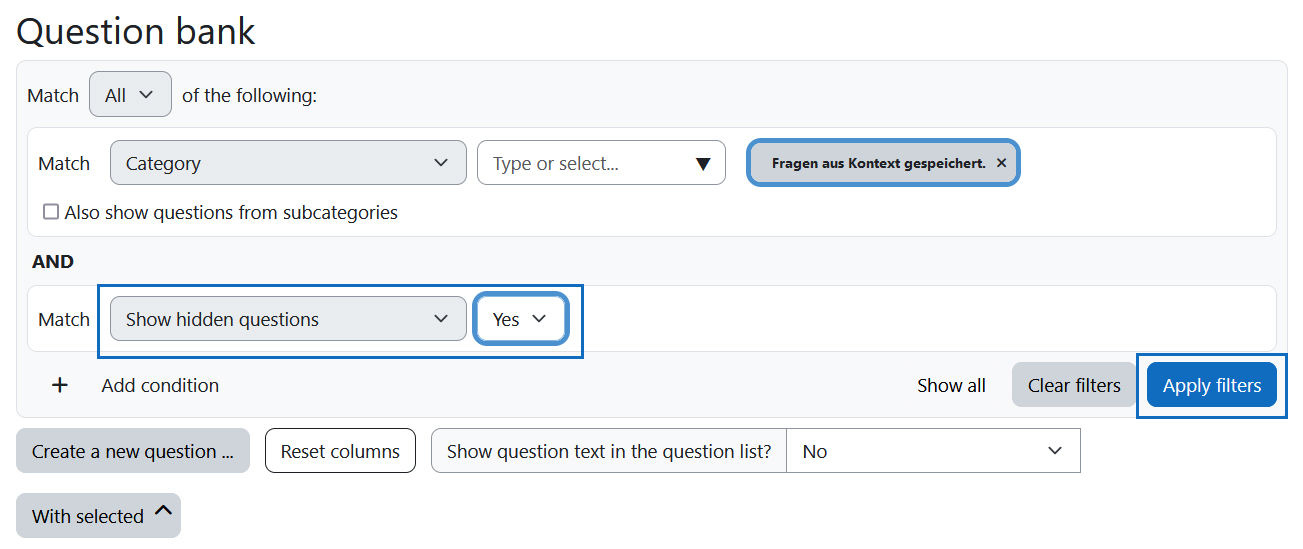 Screenshot: show hidden questions of a category