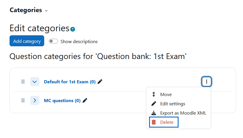 Screenshot: actions menu of a category
