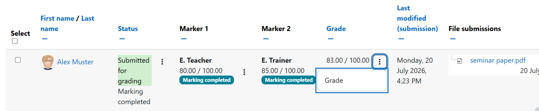 Screenshot: submission overview of one submission with two marks and the 