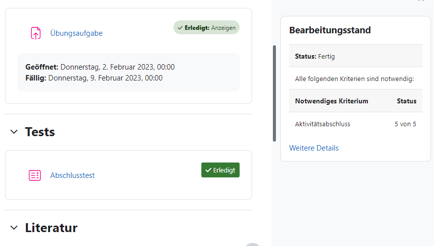 Screenshot Studierendenansicht Berbeitungsstand