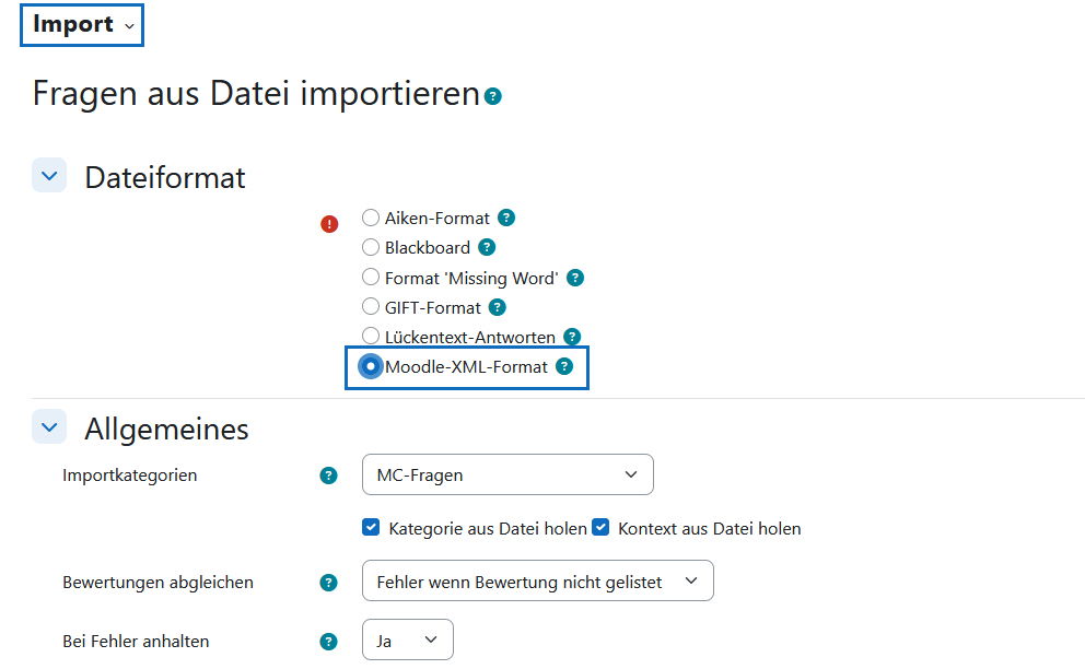 Screenshot: Import-Einstellungen