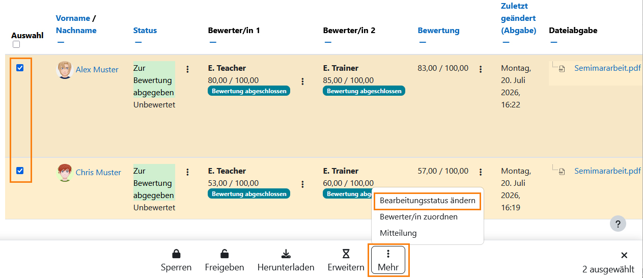 Screenshot: Abgabeübersicht mit ausgewählten Studierenden und der Option „Bearbeitungsstatus ändern“
