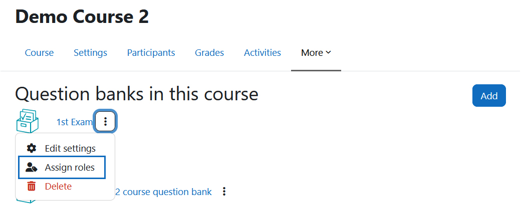 Screenshot: assign roles to a question bank