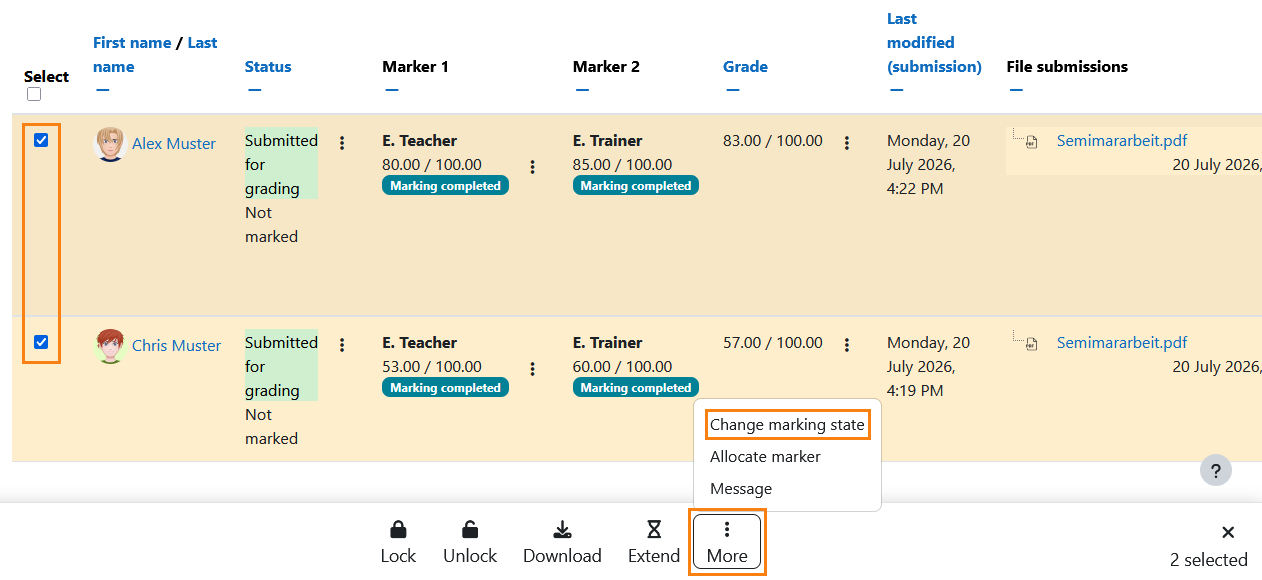 Screenshot: Submissions overview with selected students and 
