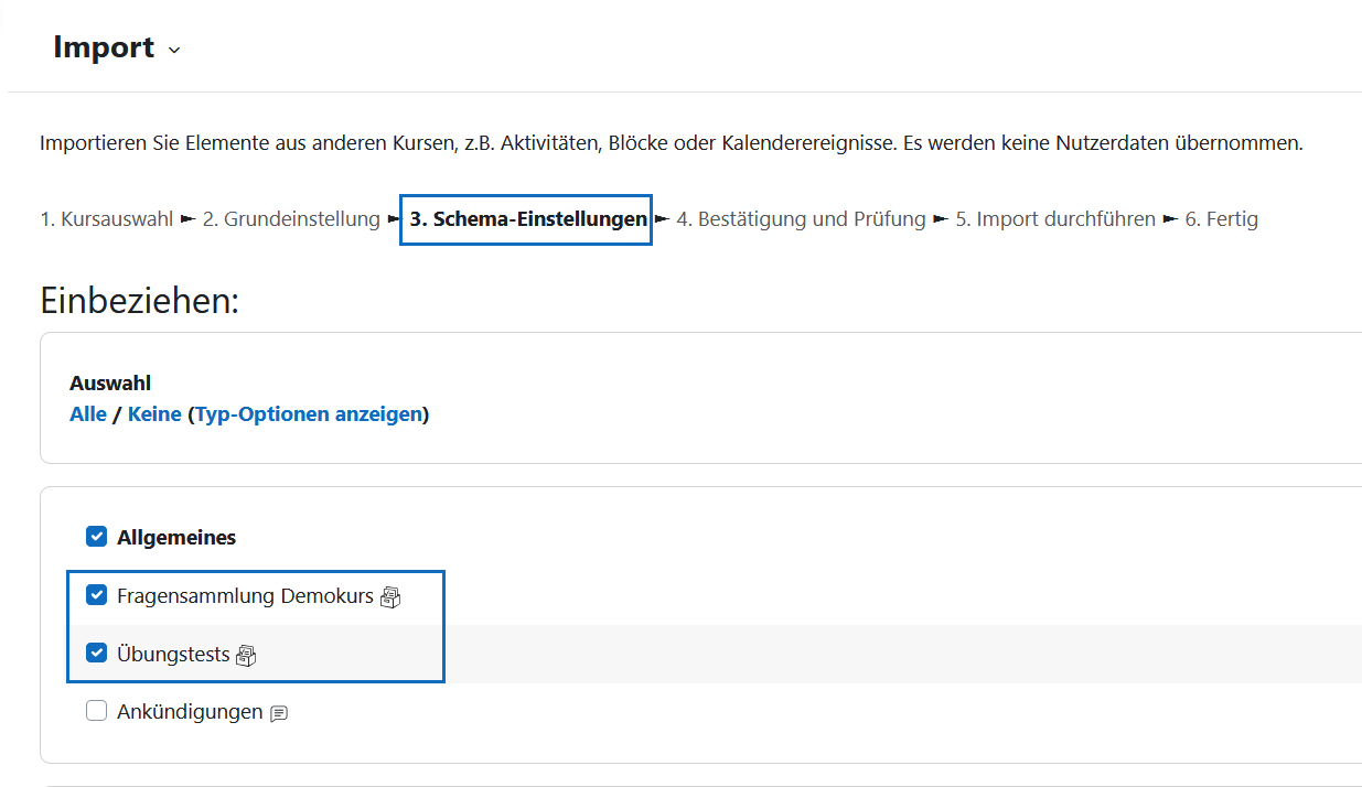 Screenshot: Schritt 3 beim Kurs-Import mit Auswahlmöglichkeit der Fragensammlungen