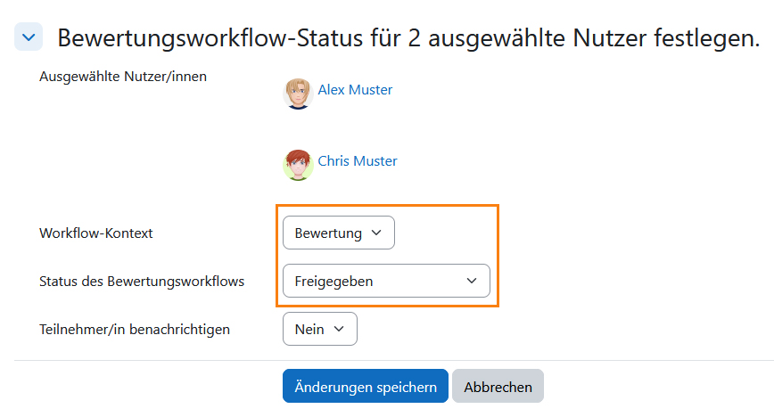 Screenshot: Änderung Status für die „Bewertung“ in „Freigegeben“