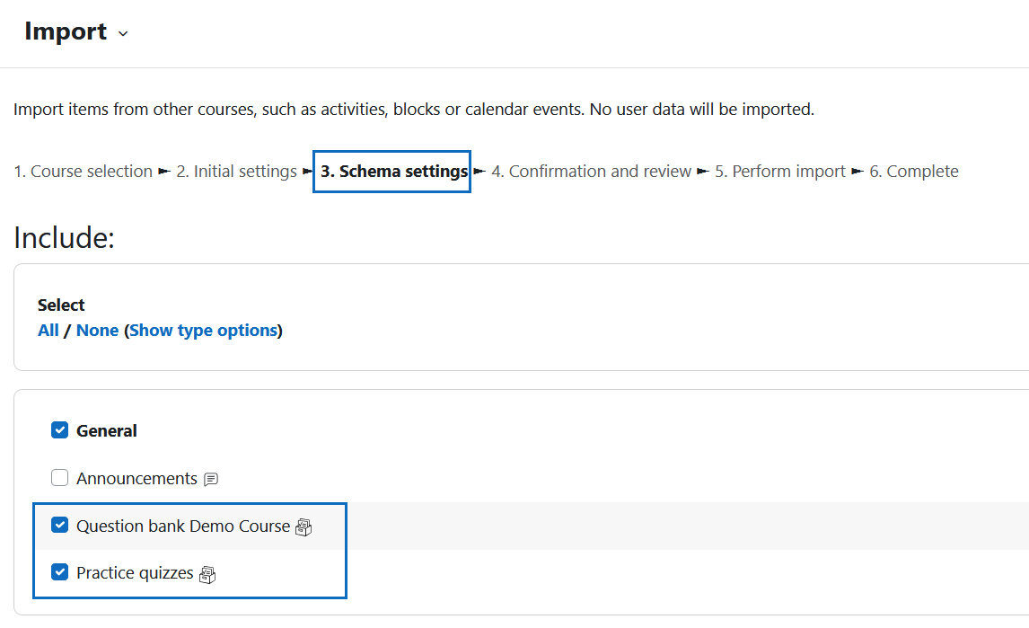 Screenshot: step 3 of the course import with the option to select question banks