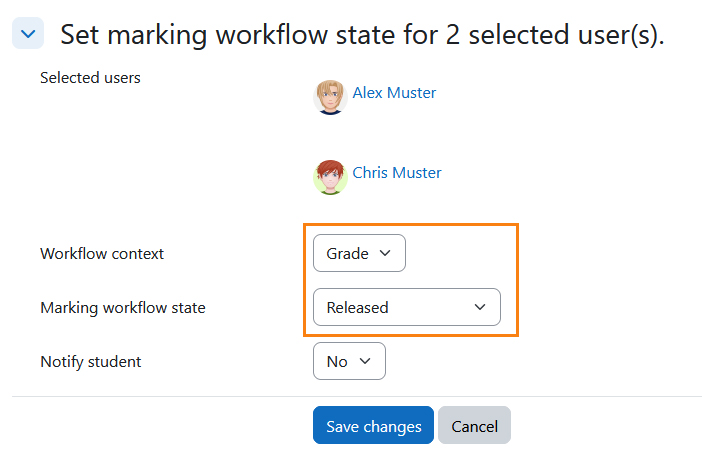 Screenshot: Changing the status of the 