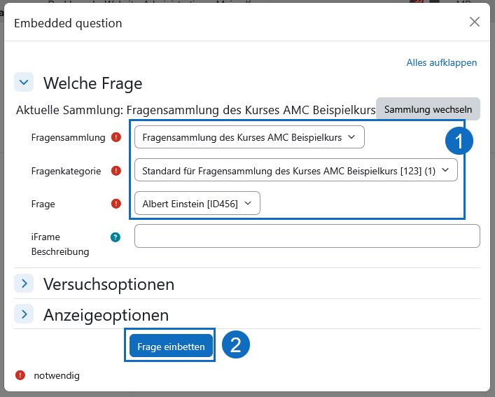 Screenshot: Fragensammlung, Kategorie und Frage auswählen und hinzufügen