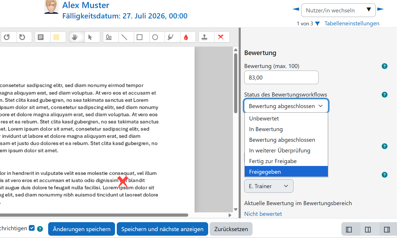 Screenshot: Bewertungsansicht einer Abgabe mit Auswahl des Bewertungsworkflos Status „Freigegeben“ aus einem Drop-down-Menü
