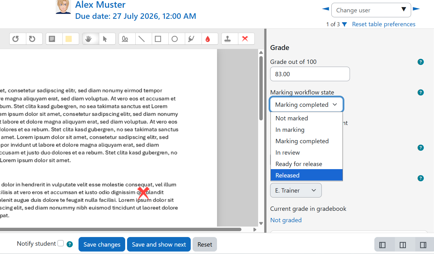 Screenshot: Grading view of a submission with selection of the markung workflow status 