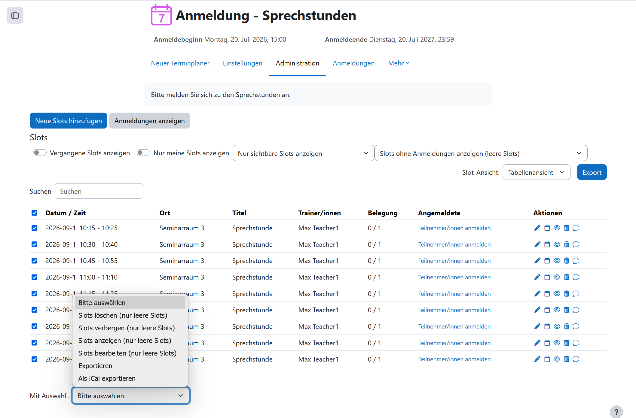 Screenshot: Bulk-Funktionen des Neuen Terminkalenders