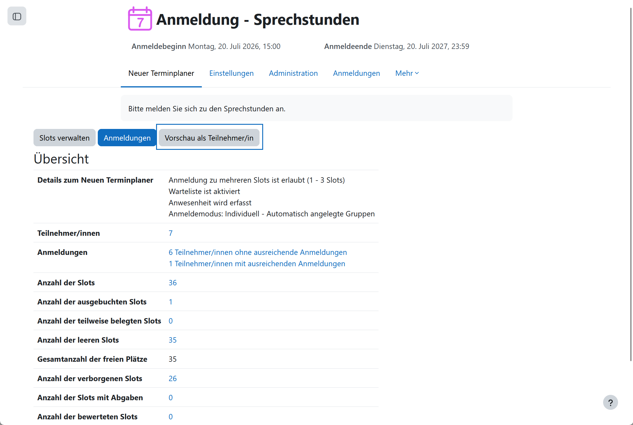 Screenshot: Gesamtübersicht und Vorschau als Teilnehmer/in