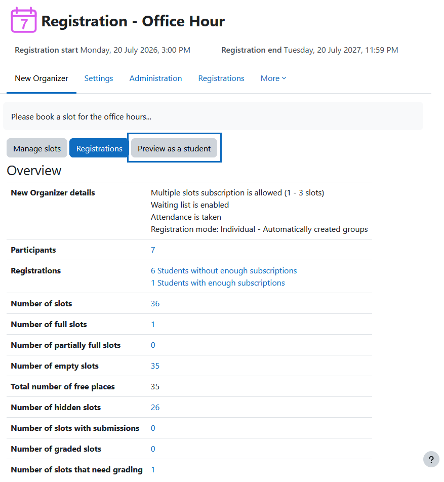 Screenshot: preview as a student