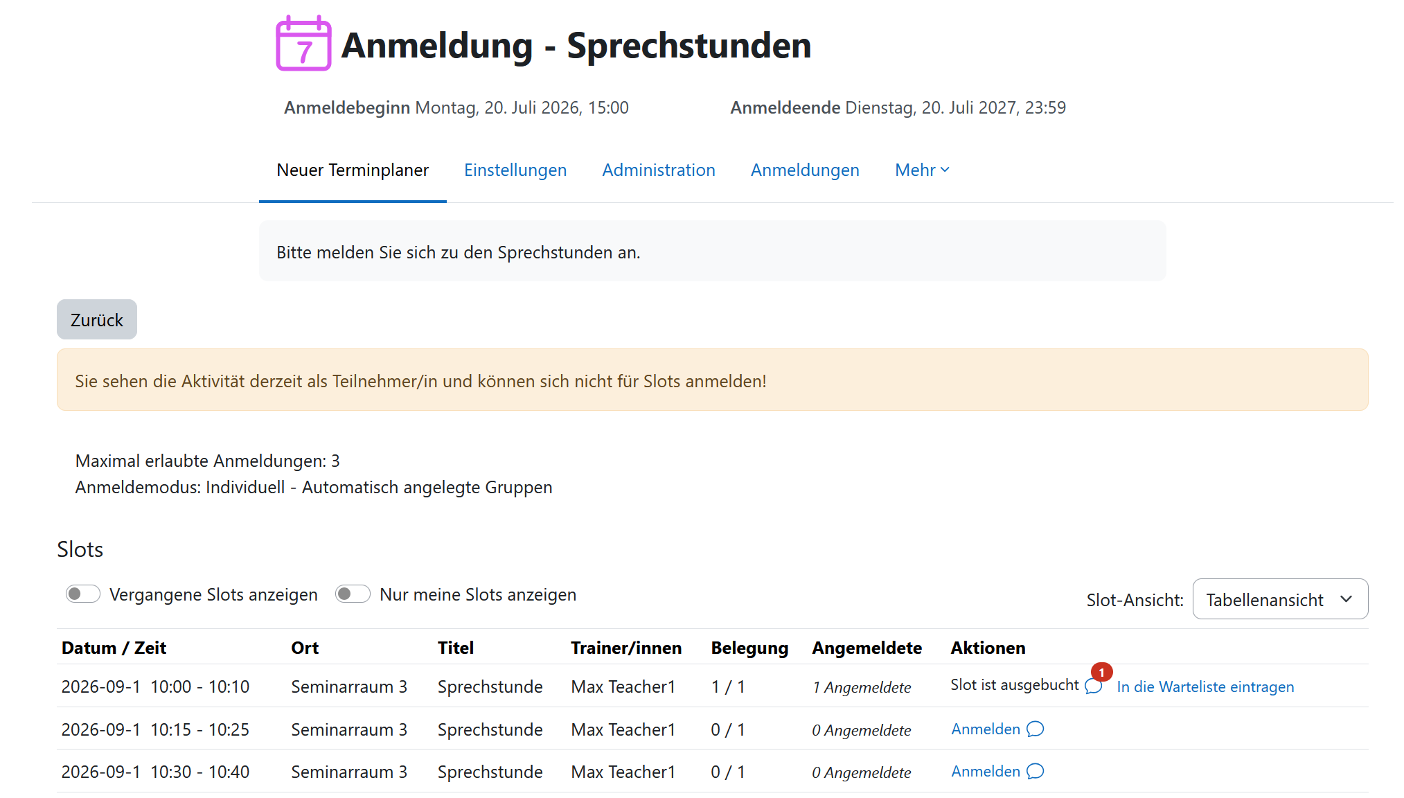Screenshot: Studierendenperspektive