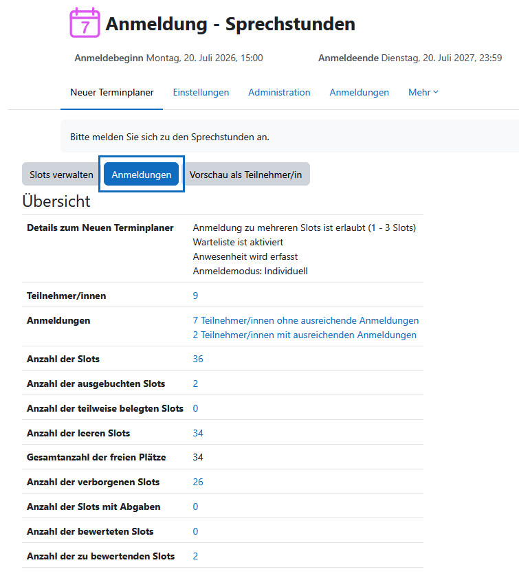 Screenshot: Gesamtübersicht und Anmeldungen des Neuen Terminplaners