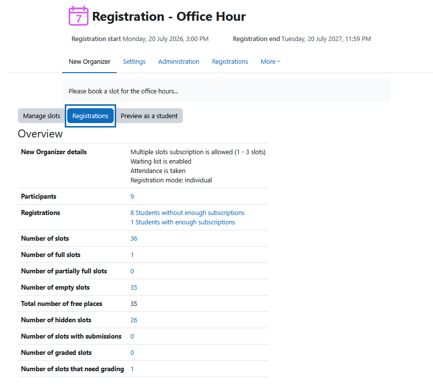 Screenshot: overview of the New Organizer