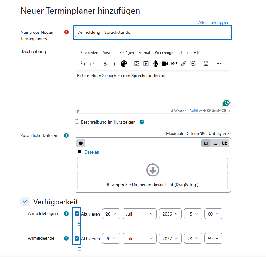 Screenshot: Name, Beschreibung und Terminverfügbarkeit festlegen