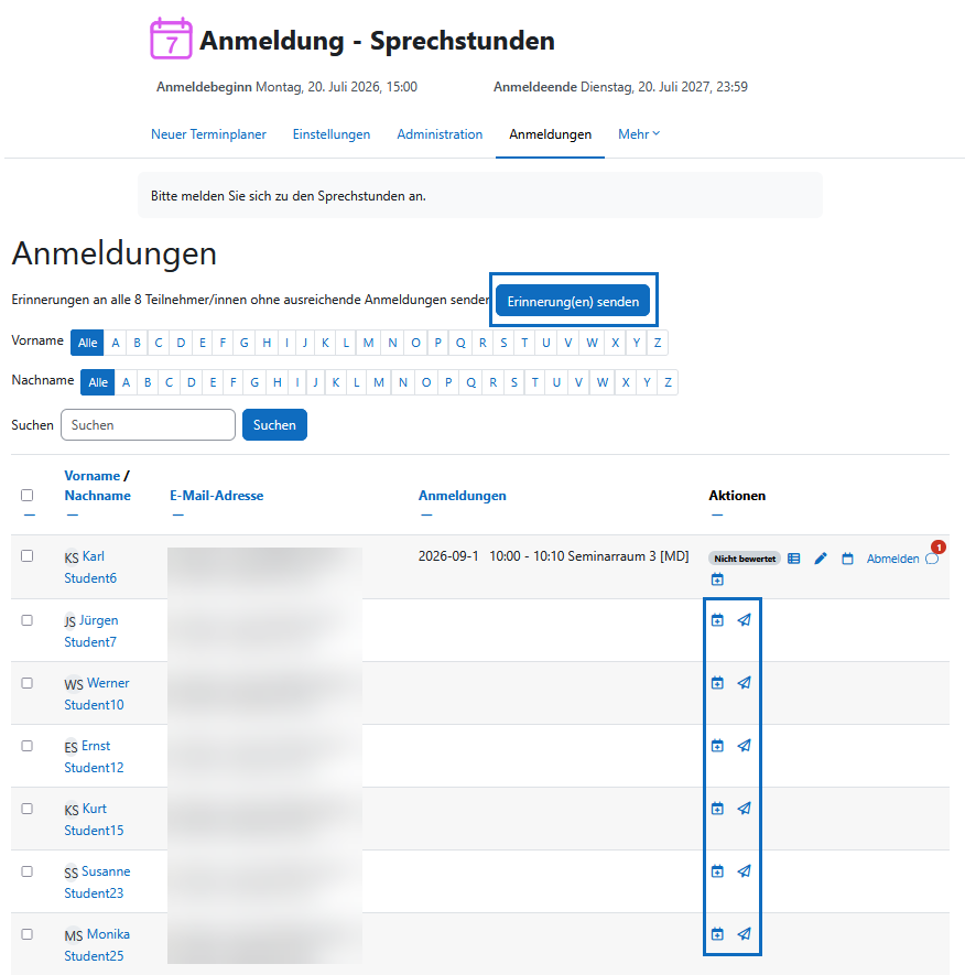 Screenshot: Erinnerungen an Teilnehmende senden und Termine manuell zuweisen