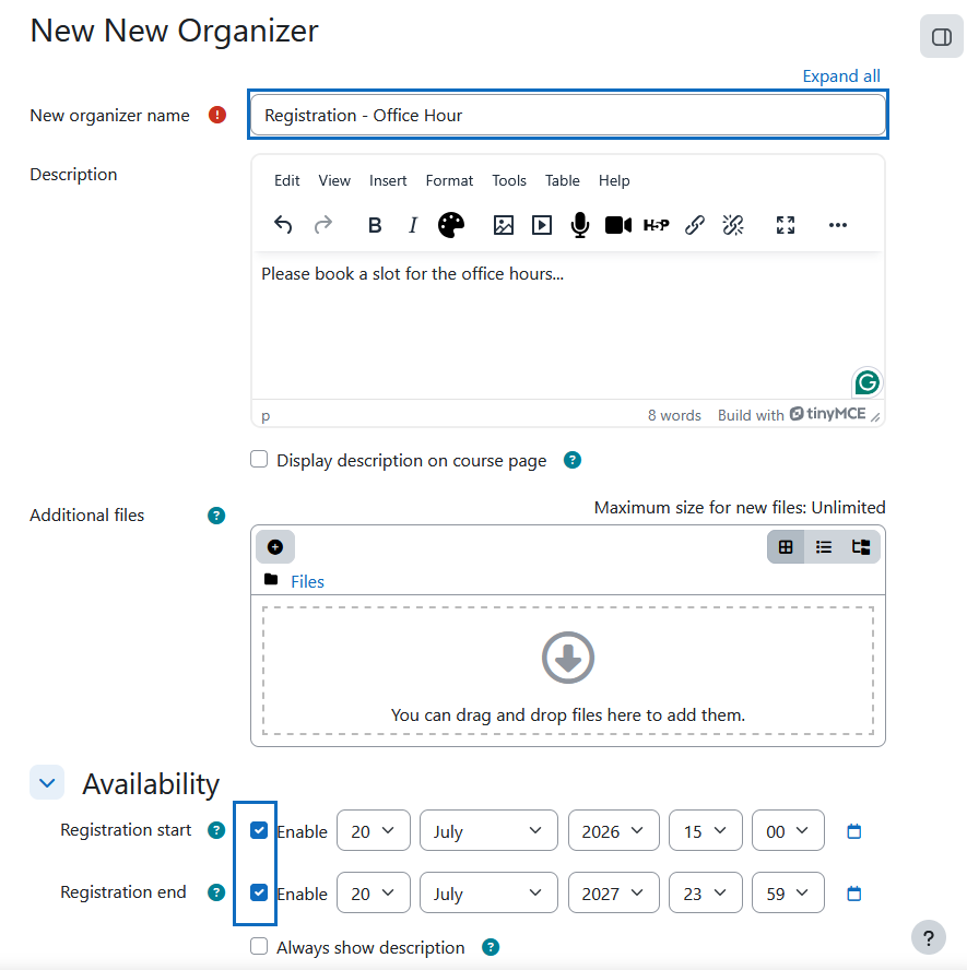 Screenshot: add a name and the availability