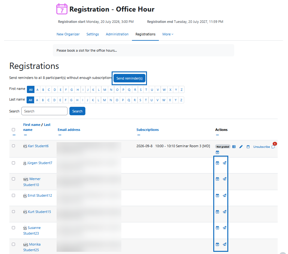 Screenshot: registrations of the New Organizer and reminder